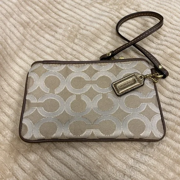 Coach Madison Khaki Brown Gold Signature Leather Wristlet Wallet - Picture 2 of 3